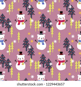 Cute bear-like snowman seamless pattern.