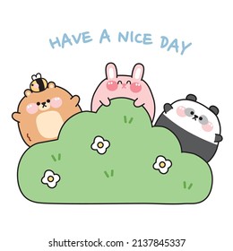 Cute Bear,rabbit,panda Stand Behide Grass Cartoon.Have A Nice Day.Animals Character Design.Kawaii.Vector.Illustration.