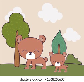 cute bears animals in landscape scene nature