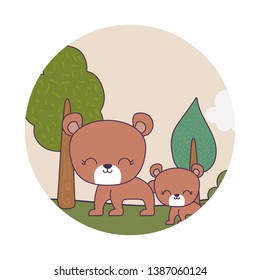 cute bears animals in landscape scene
