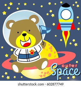 Cute bears in astronaut costume sitting on Saturn planet with a rocket flying in space. vector cartoon illustration