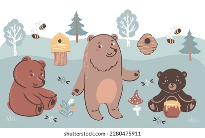 Cute bears and bees in the forest, vector hand drawn illustration for kid room wallpaper mural
