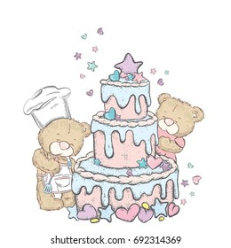Cute bears and a big, beautiful cake with hearts and asterisks. Teddy bear and dessert. Vector illustration for a postcard or a poster.