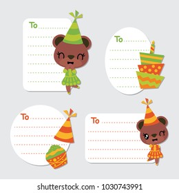 Cute bears and birthday elements vector cartoon illustration for Birthday gift tags design, postcard and sticker set