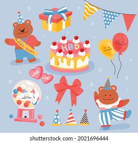 Cute Bear's Birthday Party. Birthday Cake, Party Supplies And Bear Character Set. Flat Design Style Vector Illustration.