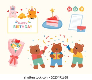 Cute bear's birthday party. flat design style vector illustration.