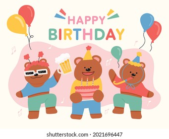 Cute bear's birthday party. The middle bear is holding a birthday cake and friends are dancing around it. flat design style vector illustration.