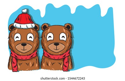 cute bears with blue background for christmas, vector, illustration, hand drawing