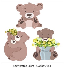 Ositos con ramos de flores, ilustraciones vectoriales