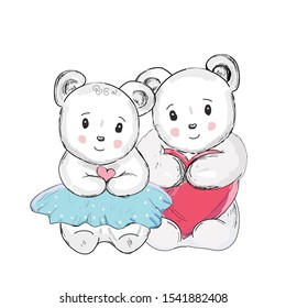cute bears, boy and girl, vector illustration for valentine cards