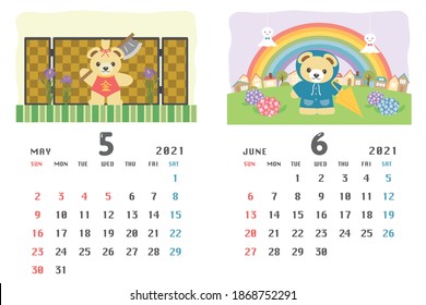 Cute bear's calendar template for 2021 year with Japanese events.May, June.