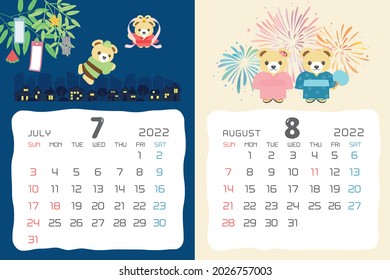 Cute-Bär-Kalender-Vorlage für 2022 Jahr mit japanischen Veranstaltungen. Juli, August.