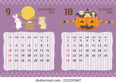 Plantilla de calendario del oso lindo para 2023 año con eventos japoneses. Septiembre, octubre.