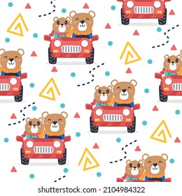 Cute bears in car illustration pattern design