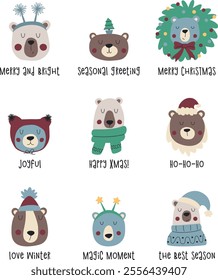 Cute bears in Christmas accessories and attributes. Christmas illustrations with animals and lettering for greeting cards, festive posters, banners and stickers.