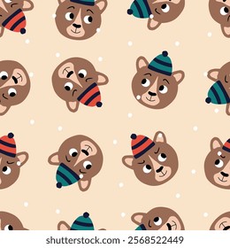 Cute bears in colorful hat hand drawn vector illustration. Funny winter animal character for kids fabric or wallpaper.