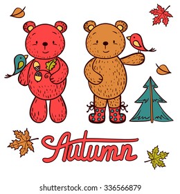 Cute bears colorful set with leaves and trees. Illustration in vector format
