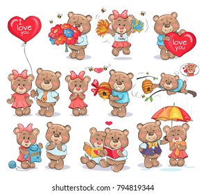 Cute bears couples spend Valentines Day together, exchange festive presents, read books and stand under umbrella isolated vector illustrations set.