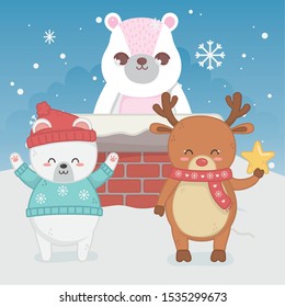 cute bears deer with chimney snow merry christmas vector illustration