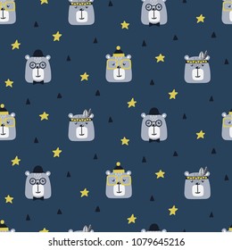 Cute bears with different decorative element. Seamless scandinavian pattern. Vector wallpaper. Good for print.