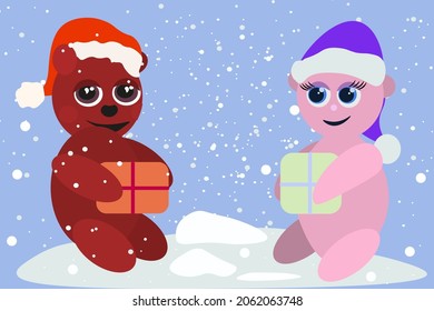 Cute bears enjoy presents, holding them in their hands. Two little animals isolated on a winter background, sitting on the snow. The vector illustration is made for the upcoming New Year holidays.