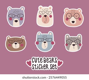 Cute bears faces with glasses sticker set. Stickers for your diary, planner or postcards. Hand drawn illustrations with wild bears.