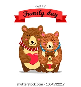 Cute bears family. Daddy Bear hugs Mommy bear and their Baby Bear. Good for Family day, Fathers Day, Mothers Day or Birthday greetings. Vector illustration.