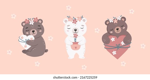 Ositos con colección de flores. Los osos adorables sostienen el corazón. Postal vectorial en estilo plano. Ilustración vectorial dibujada a mano para impresión, camisa, saludo, invitación, tarjeta, textil.