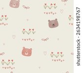Cute bears, flowers and hearts, seamless pattern. Vector illustration with hand drawn cartoon bears for wrapping paper, card, Valentine