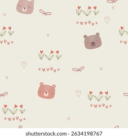 Cute bears, flowers and hearts, seamless pattern. Vector illustration with hand drawn cartoon bears for wrapping paper, card, Valentine's Day.