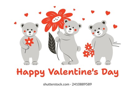 Cute bears and flowers. Postcard for Valentine's Day. Flat style. . Vector illustration.