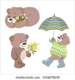Cute bears with flowers under the umbrella , vector illustration