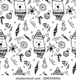 Cute bears. Funny seamless vector pattern. Hand-drawn drawing.
