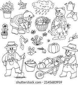 Cute bears in the garden. Gardening.