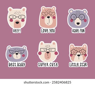 Cute bears with glasses set. Hand drawn illustrations with forest wild animals and lettering with sticker outline. Perfect for greeting cards and baby clothes.