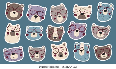 Cute bears with glasses sticker set. Children's hand drawn sticker pack for daily diary, planner or postcards. Funny wild bears big set.