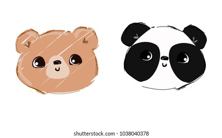 Cute Bears, Hand Drawn Panda Bear and Bear, cartoon characters