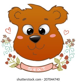 Cute bear's head with floral decor and ribbon