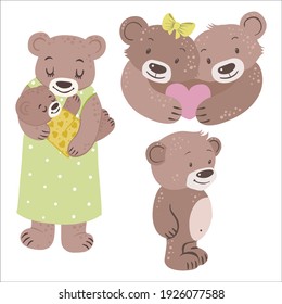 Cute bears with heart, mother with baby, vector illustration