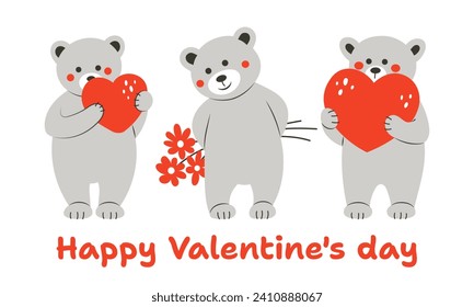Cute bears and heart. Postcard for Valentine's Day. Flat style. Vector illustration.