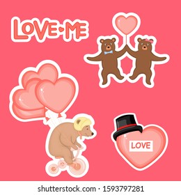 Cute bears with hearts for Valentine's Day in cartoon style. Lettering Love. Stickers.