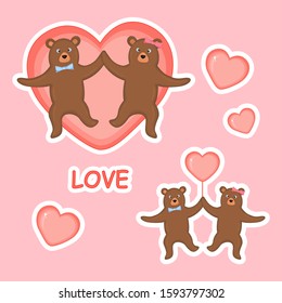 Cute bears with hearts for Valentine's Day in cartoon style. Lettering Love. Stickers.