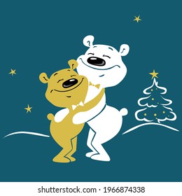 Cute bears Hugging - Christmas Winter Vector Illustration with Xmas Tree