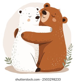 Cute Bears Hugging, Ideal for Love and Friendship Themes - Flat Vector Illustration