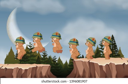cute bears jumping scene illustration