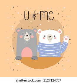 Cute bears for kids. Kind and friendly family. Design for greeting cards. Picture share printing on childrens clothing. Fantasy and imagination, animals, family. Cartoon flat vector illustration
