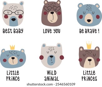 Lindos osos con juego de letras. Ilustraciones para tarjetas de felicitación, carteles y ropa para niños. Ilustración vectorial de osos animales silvestres del bosque.