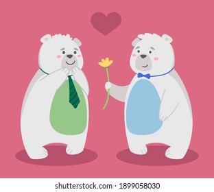 Cute bears LGBT couple in love happy valentines day, bears with flowers, cartoon characters together nature wildlife vector flat illustration