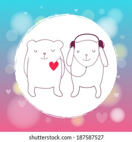 Cute bears in love listening to the heart. Happy Valentine's Day. Background with hearts