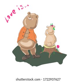 Cute bears in love on a white background. Bears walk on the street. Love of two bears.